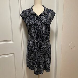 Sanctuary Shirt Dress Paisley Button Snap Front Belt Pockets Black Blue White XL